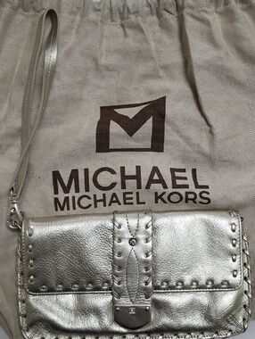 Michael Kors Metallic Silver Leather Wristlet Clutch